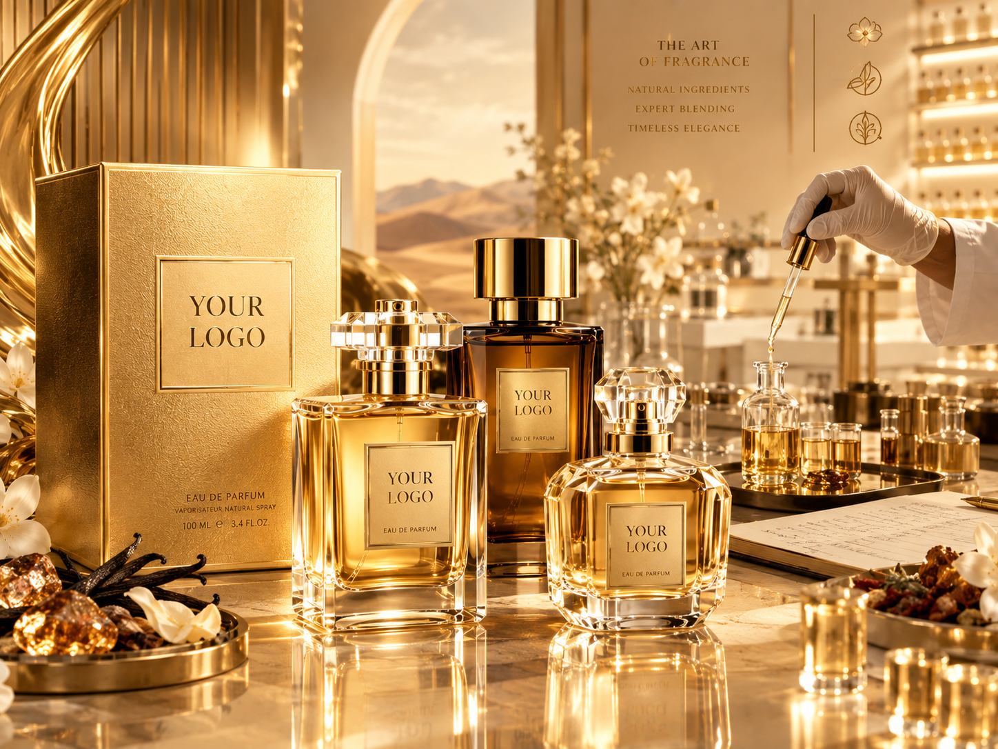 GWH fragrance lab: gold perfume bottles, packaging and blending station